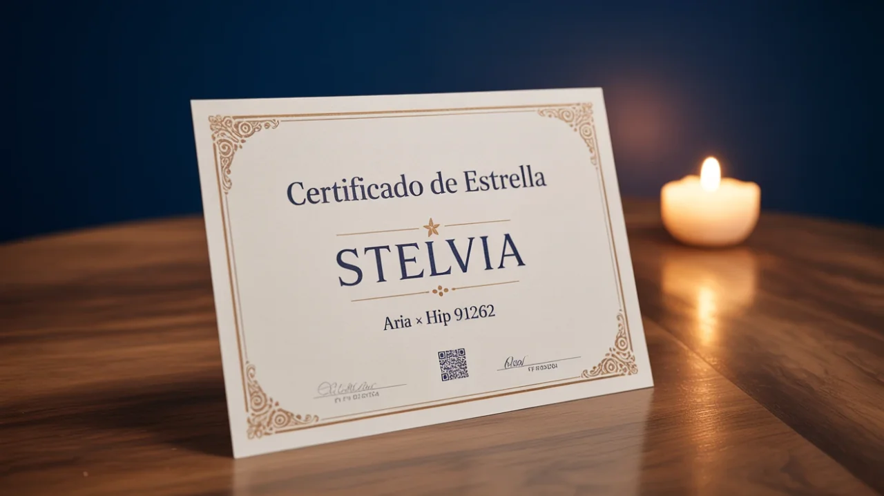 Mockup del certificado de estrella Stelvia con detalles dorados sobre madera